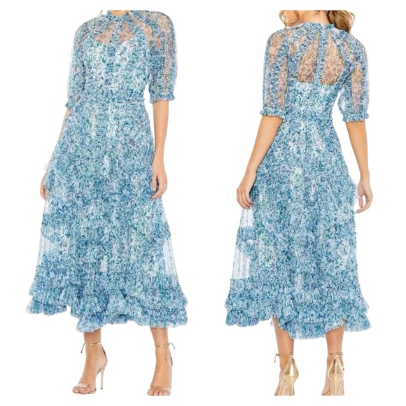 Mac Duggal 8011 Blue Floral Mesh Puff Sleeve Midi Dress Size 18 NWOT
